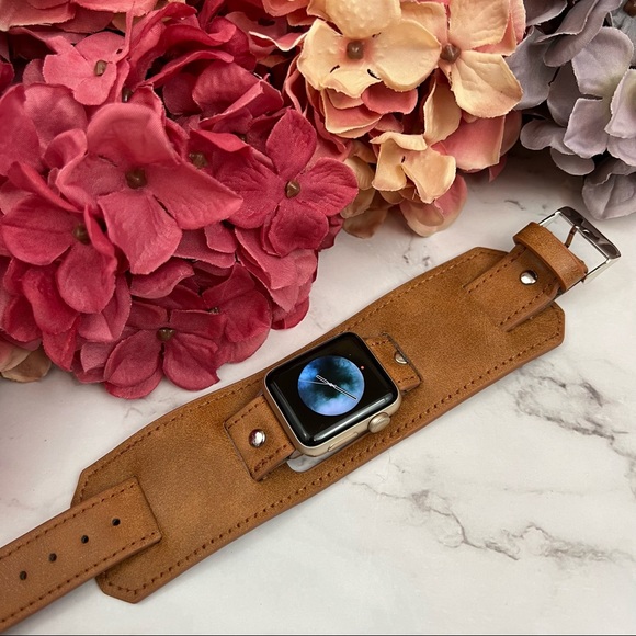 Caramel Brown Double Cuff Leather Watchband for Apple iWatch - Picture 5 of 15